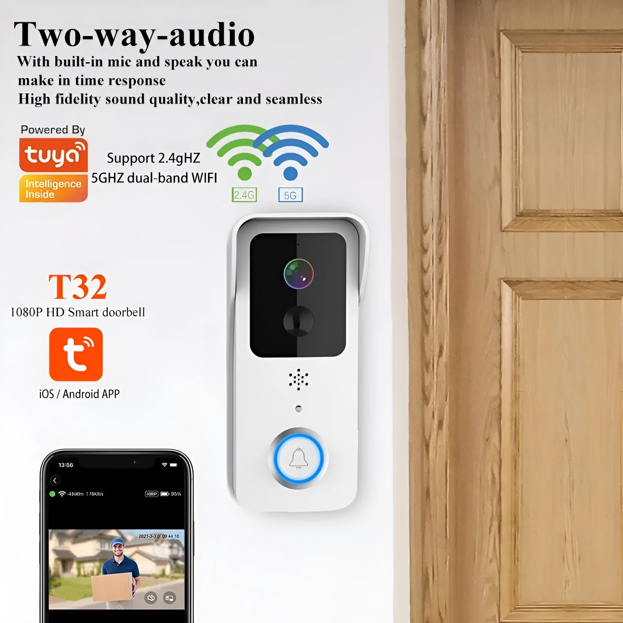 Black and white waterproof HD visual doorbell intercom for home security with APP notifications
