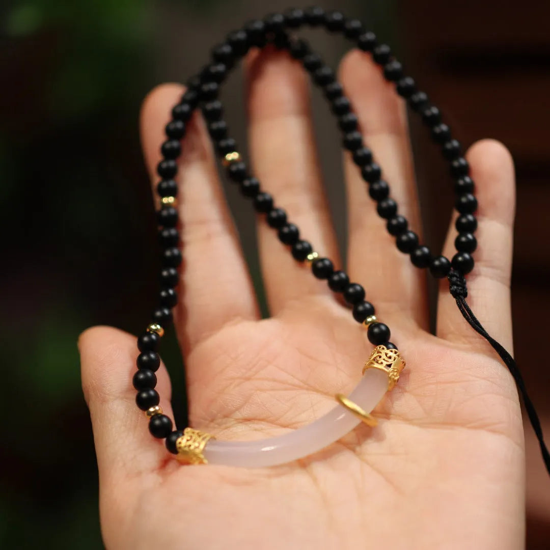 Natural frosted black agate white chalcedony necklace with 925 silver pendant on ball bead chain, matte black colour