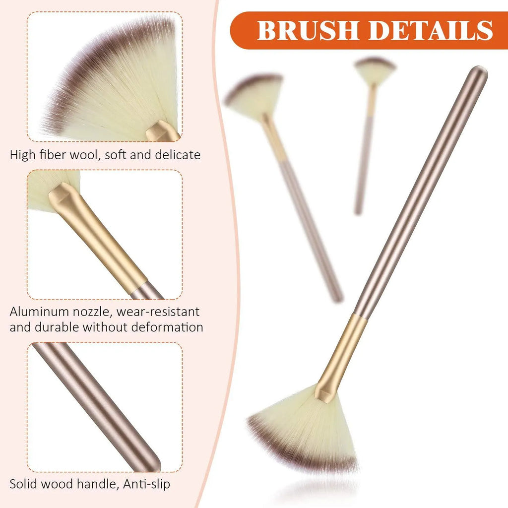 Ten champagne-coloured facial fan brushes with acrylic handles and protective covers.