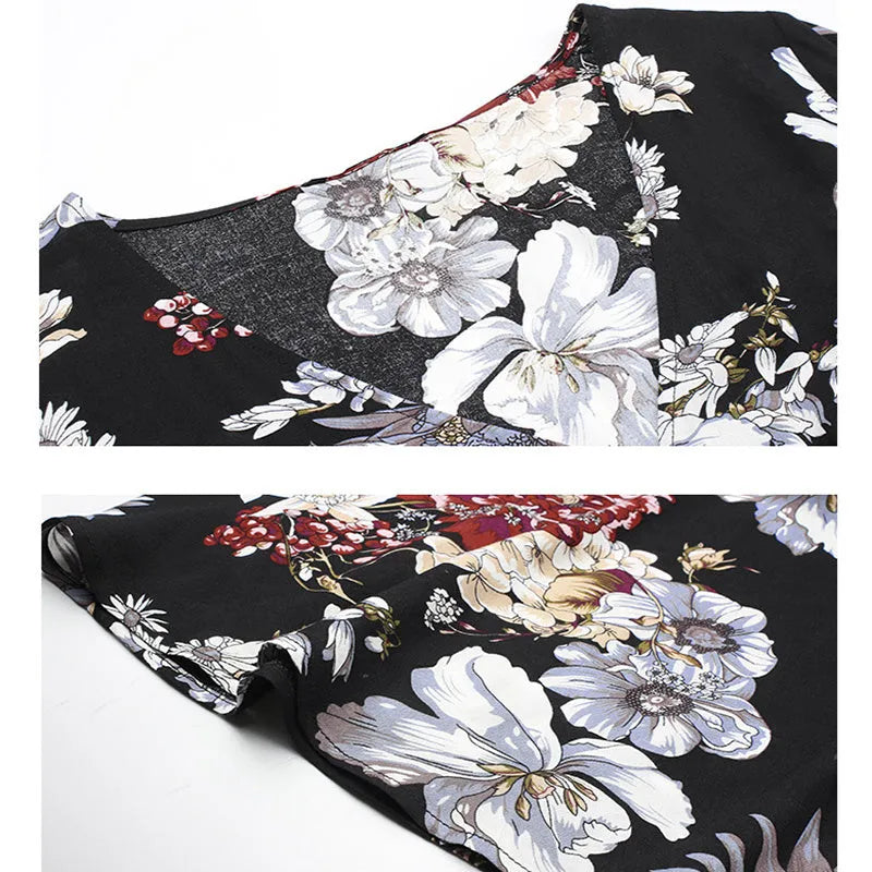Women's floral summer beach dress with V neck and elastic waist in mid-length cut