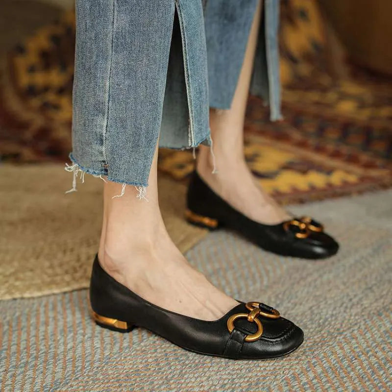 Women's Wanwan Lei style black low heel pumps with square toe and high heel over 8cm on rubber sole.