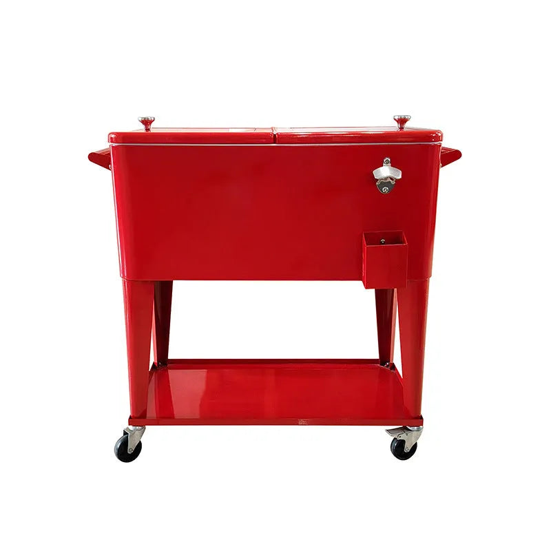 Red outdoor metal insulated trolley with 750ml capacity for picnics.