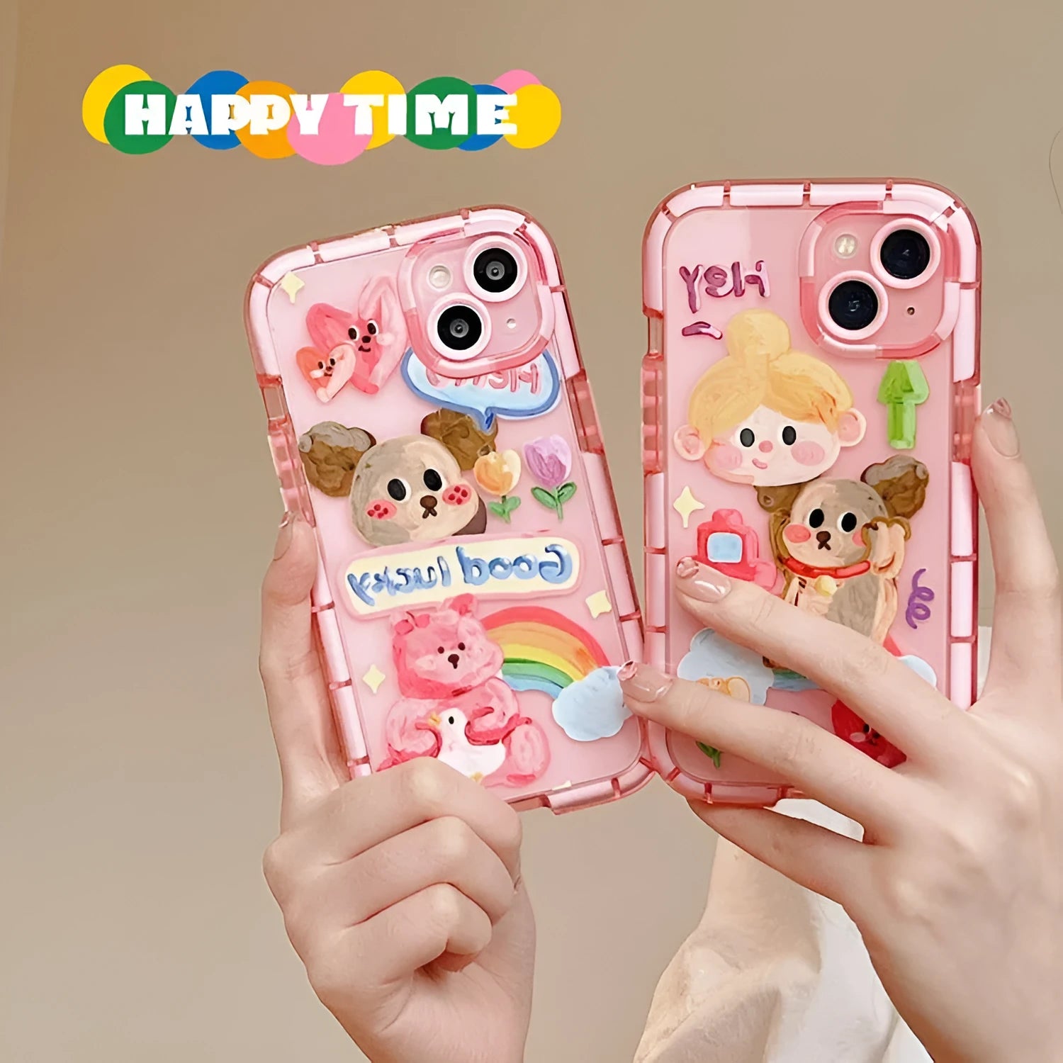 Cute oil painting dog phone case in pink with rainbow bear design for Apple iPhone