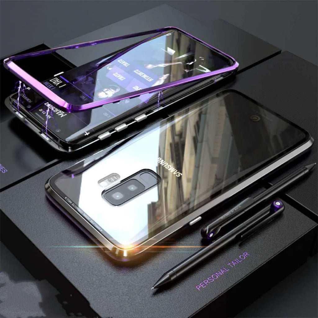 Magnetic anti-peeping phone case for Samsung Galaxy with double-sided glass construction in clamshell design