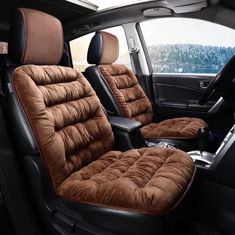 Universal winter warm plush car seat cushion set in beige, showing front seat cover with elastic fixings on a car interior