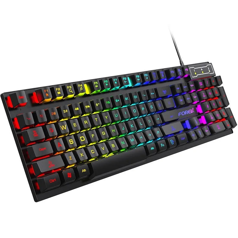Black gaming keyboard and mouse combo with backlit keys and USB cables