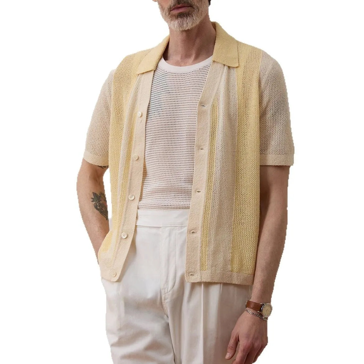 Yellow men's casual polo shirt with hollow-out detailing and an asymmetric short sleeve hem.