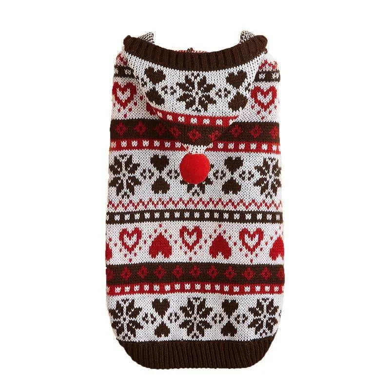 Blue striped camouflage dog sweater with snowflake and heart pattern on small white dog