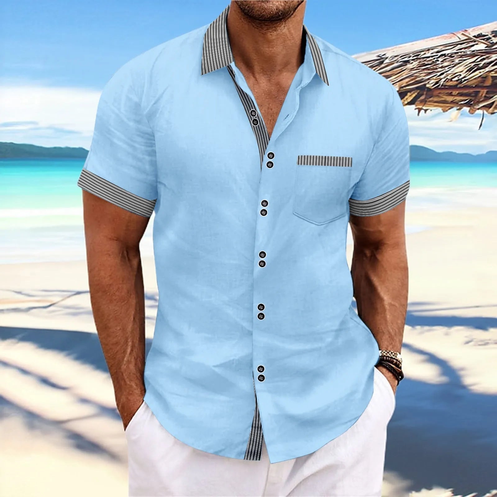 Men's pure cotton striped slim fit casual shirt with double-button short sleeves in light blue colour