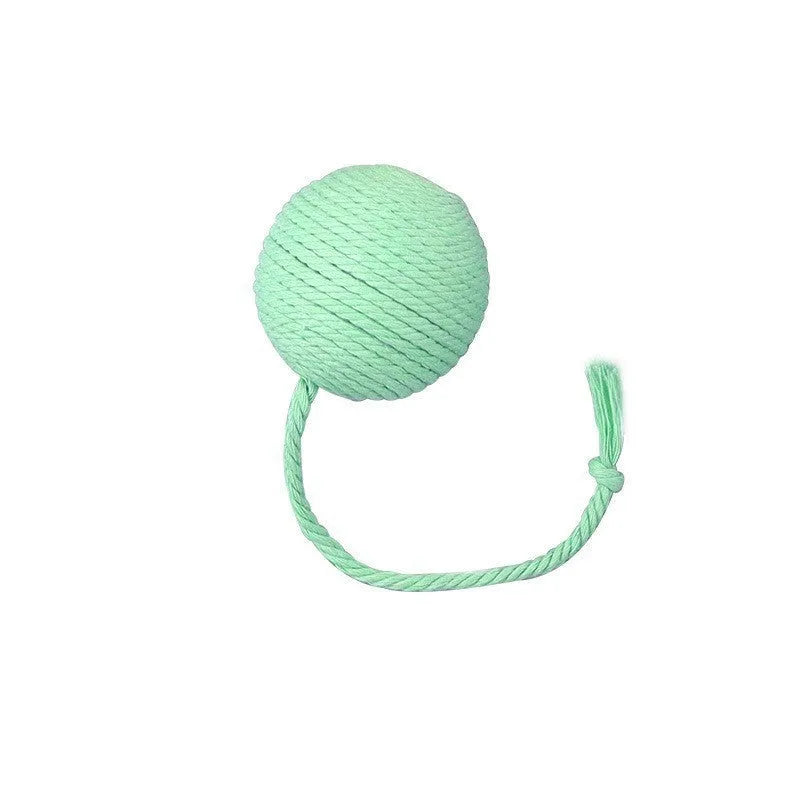 Cat toy ball with rope in four colours: green, pink, purple, and yellow