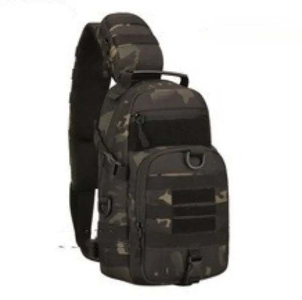 Men's nylon chest riding messenger bag in black camouflage, overall size 19x46x12cm