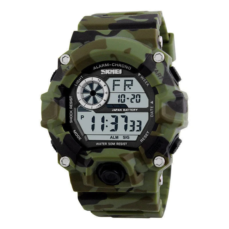 Electronic sports watch with round dial showing GMT display, available in five colours including camouflage green