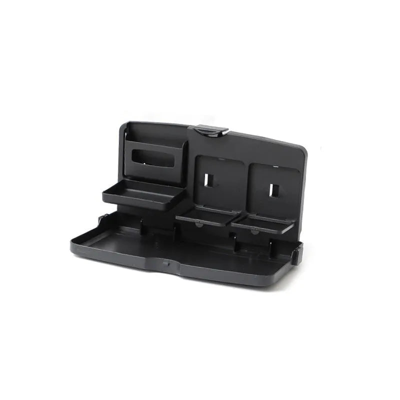 Black foldable ABS plastic tray positioned on a car steering wheel, shown with a laptop and foldable cup holder.
