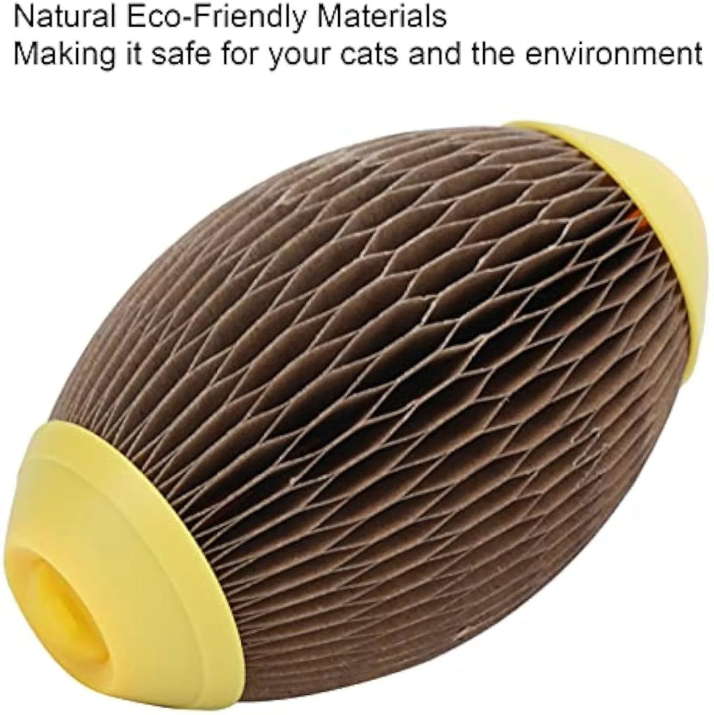 Ellipse-shaped corrugated paper catnip ball and scratch toy for cats on a plain background.