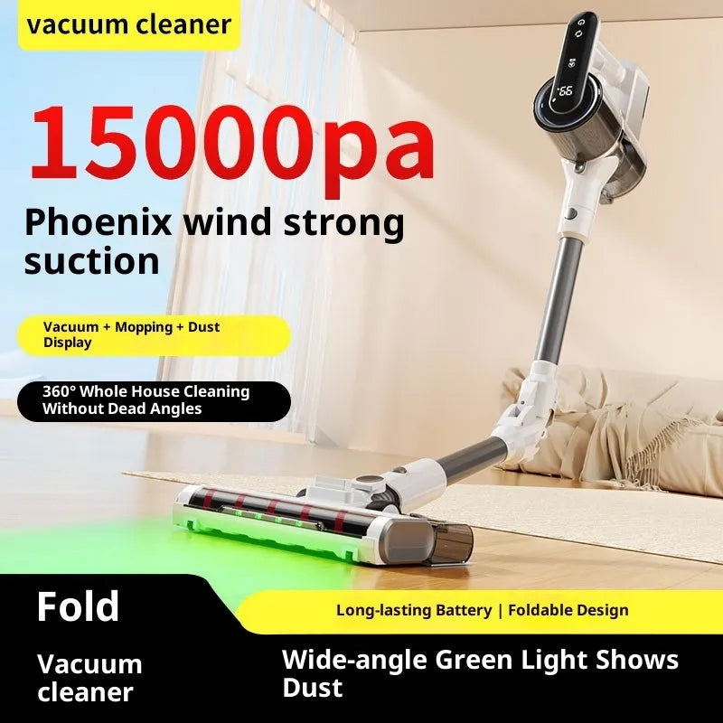 Light gray wireless handheld folding tube vacuum cleaner with LED light on a hard floor