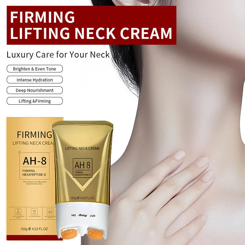Roller neck cream in container with 120g net content for moisturising and firming.
