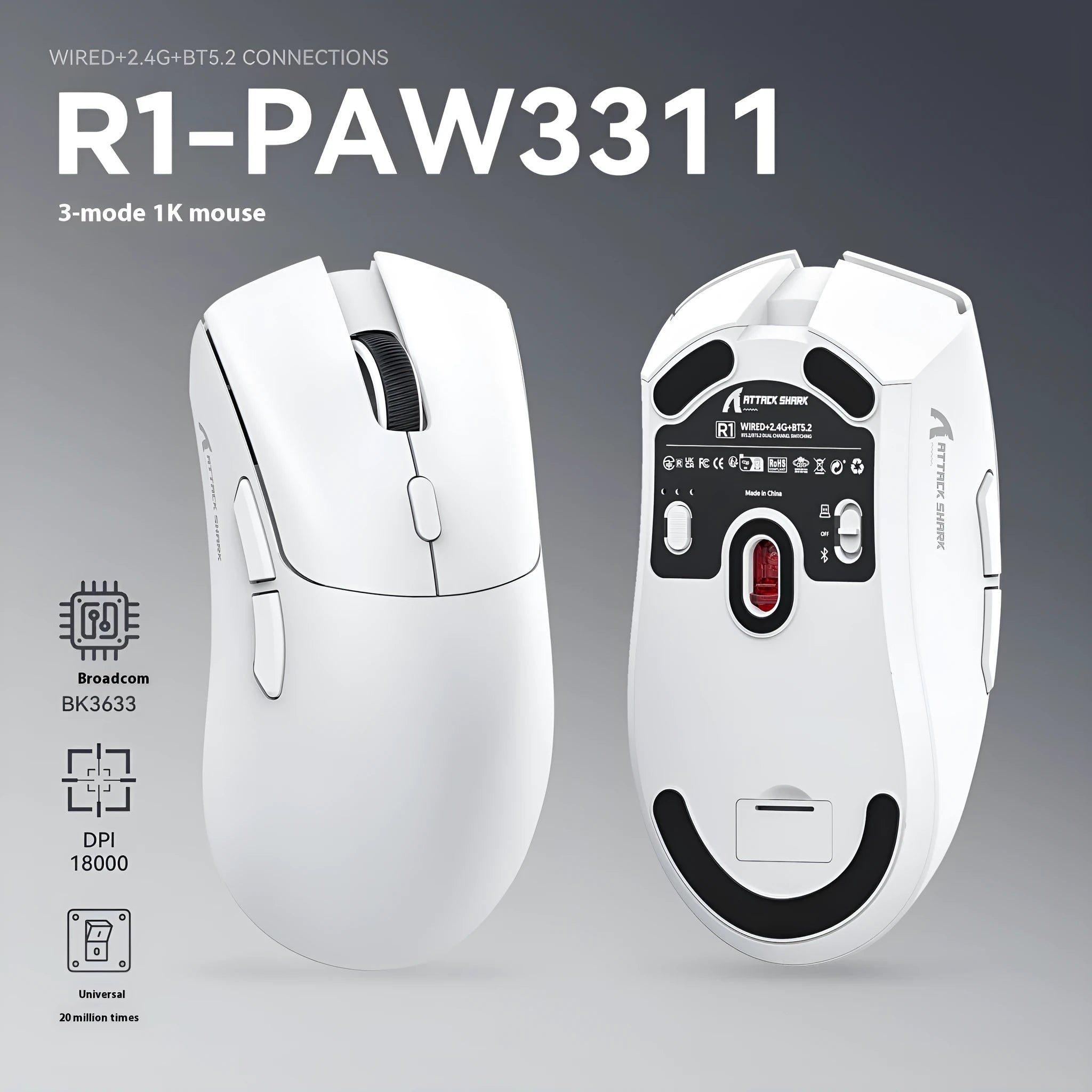 Attack Shark wireless gaming mouse in black colour showing three connection modes