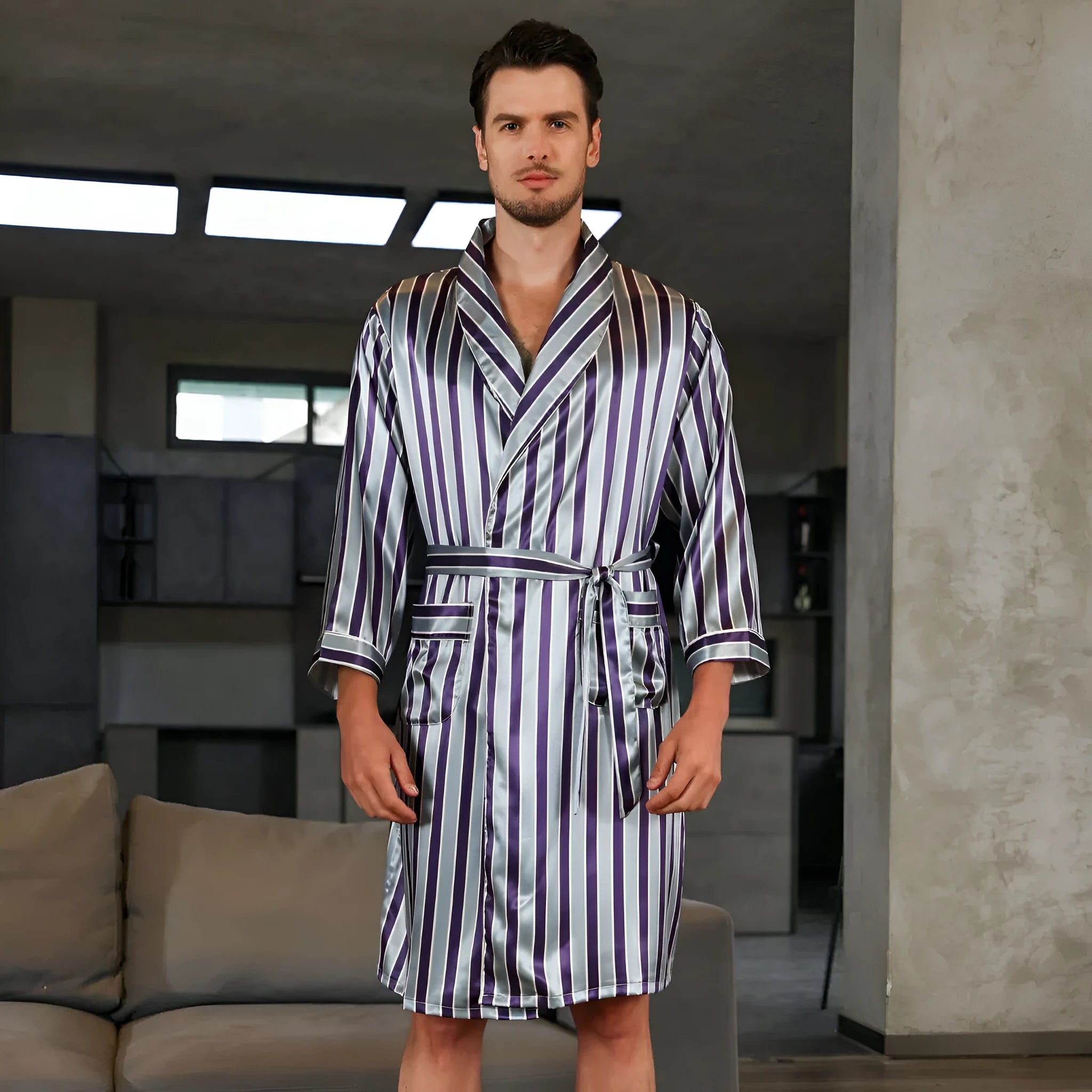 Men's lightweight summer silk bathrobe in rayon blend fabric showing colour pattern options