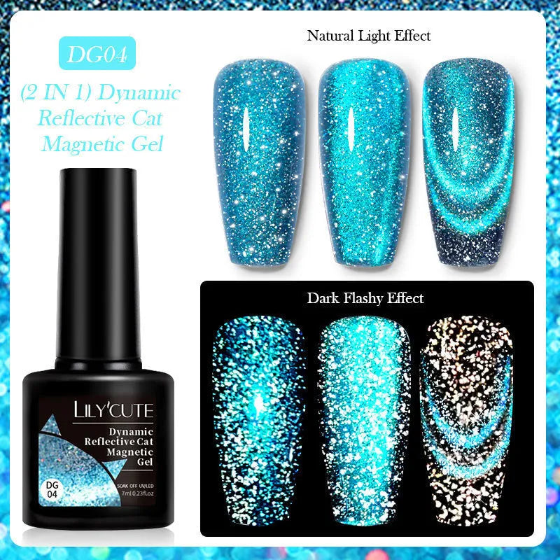 Diamond in the Debris Cat Eye Series nail polish gel bottles in six colours with glitter and fragment texture