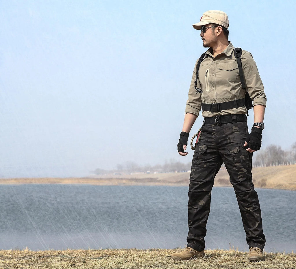City Tactical Pants in polyester fibre, black colour, showing side view with multiple size options.