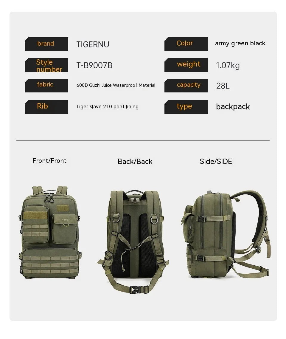Army Green waterproof tactical backpack with 17-inch frame and 20-35 litre capacity