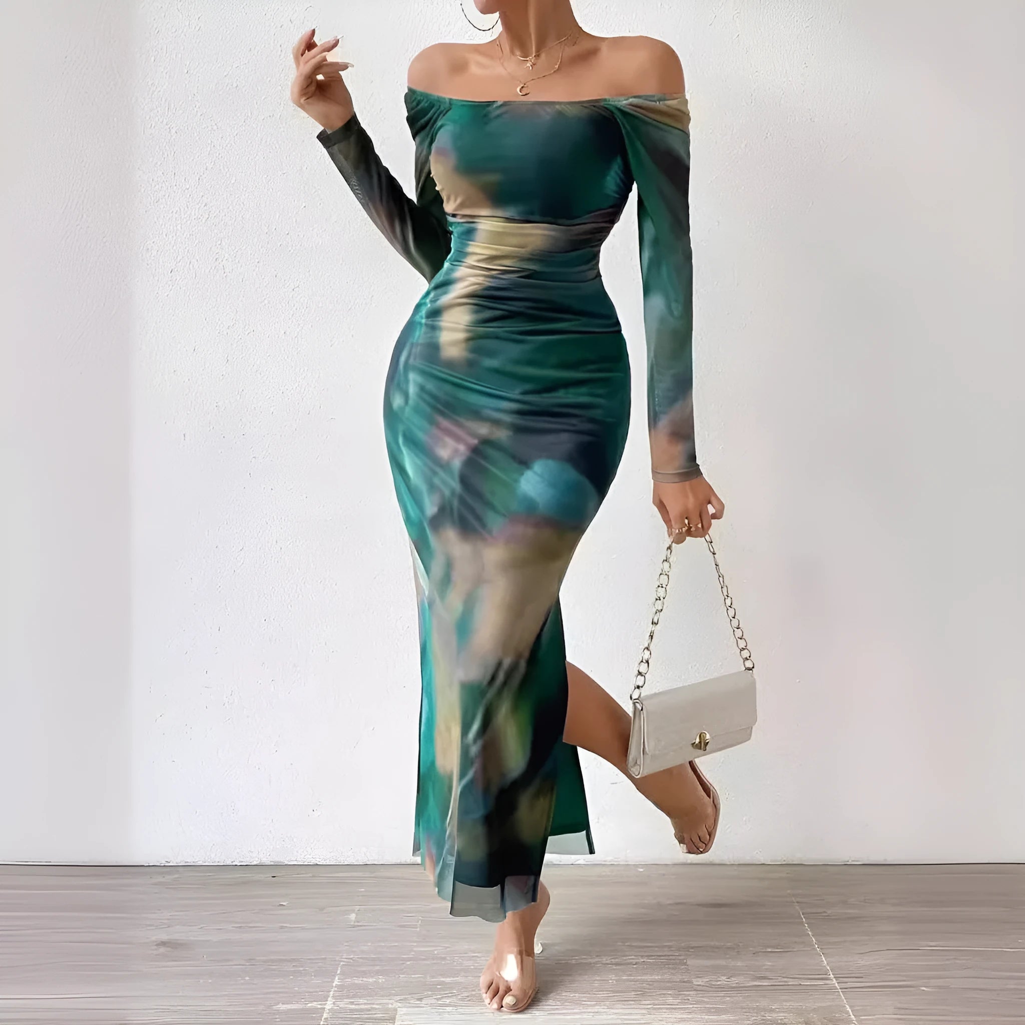 Women's green printed pleated mesh fishtail dress with a square collar and side split.