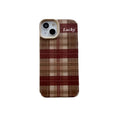 Letter personality lambskin plaid phone case for iPhone 14 in light coffee colour with embossed pattern