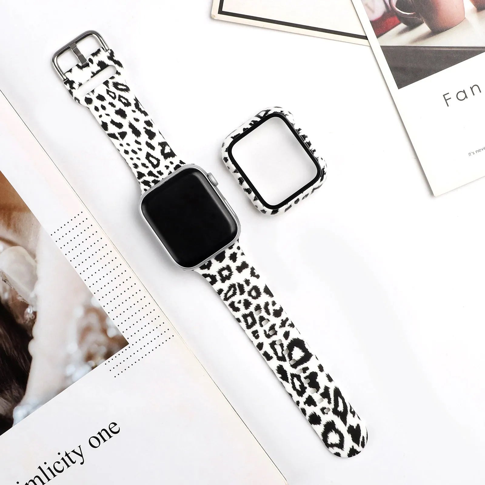 Printed silicone strap for Apple Watch showing design options and size variations