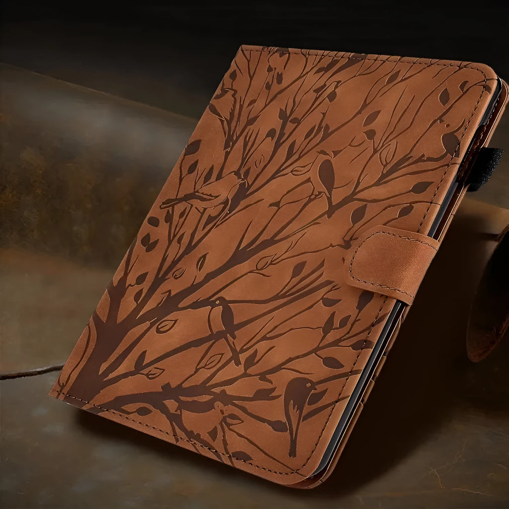 Imitation leather tablet case in black with a built-in kickstand bracket open.