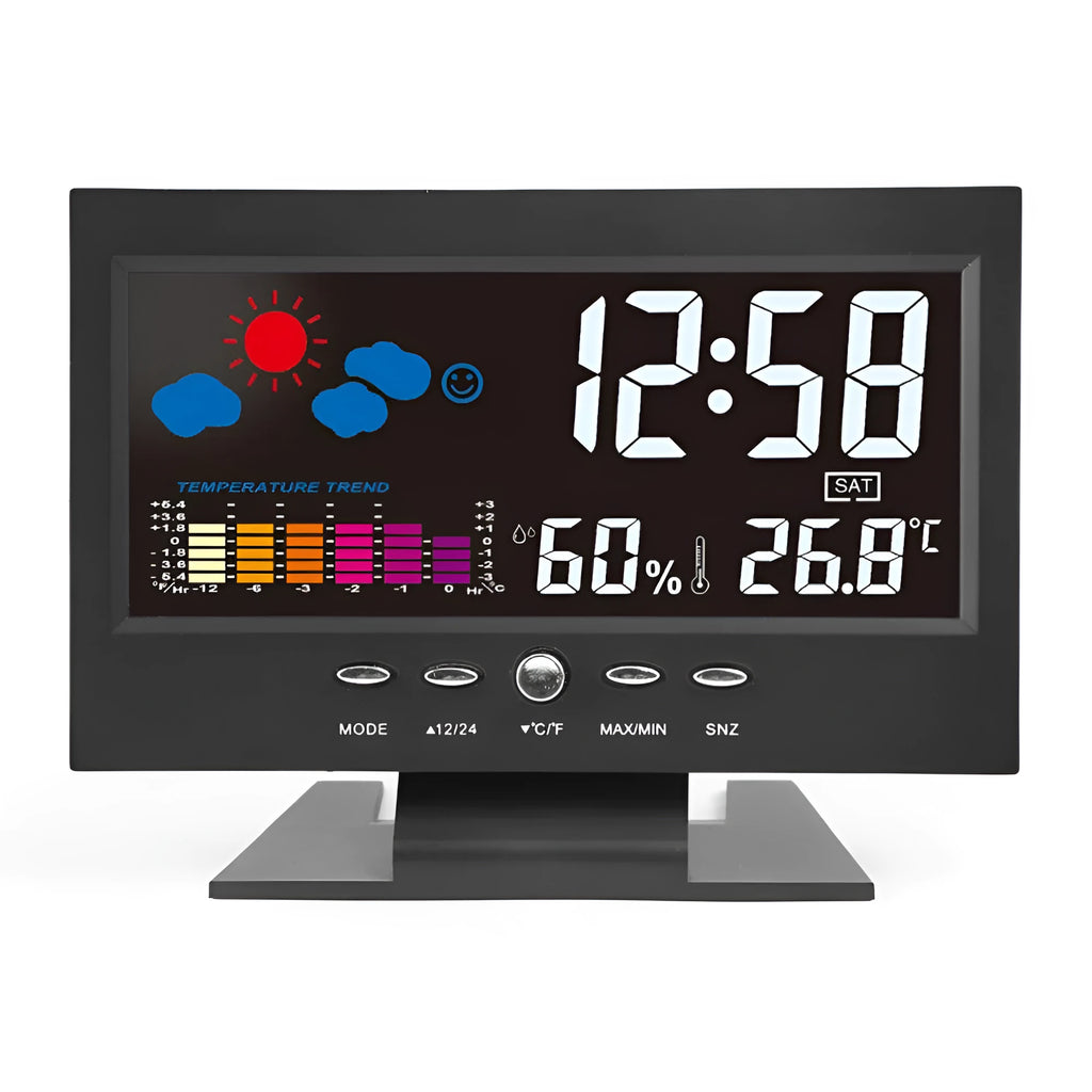 Multi-function large screen perpetual calendar clock with time, date, temperature, world time, alarm, and voice-activated backlight in Black