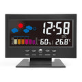 Multi-function large screen perpetual calendar clock with time, date, temperature, world time, alarm, and voice-activated backlight in Black
