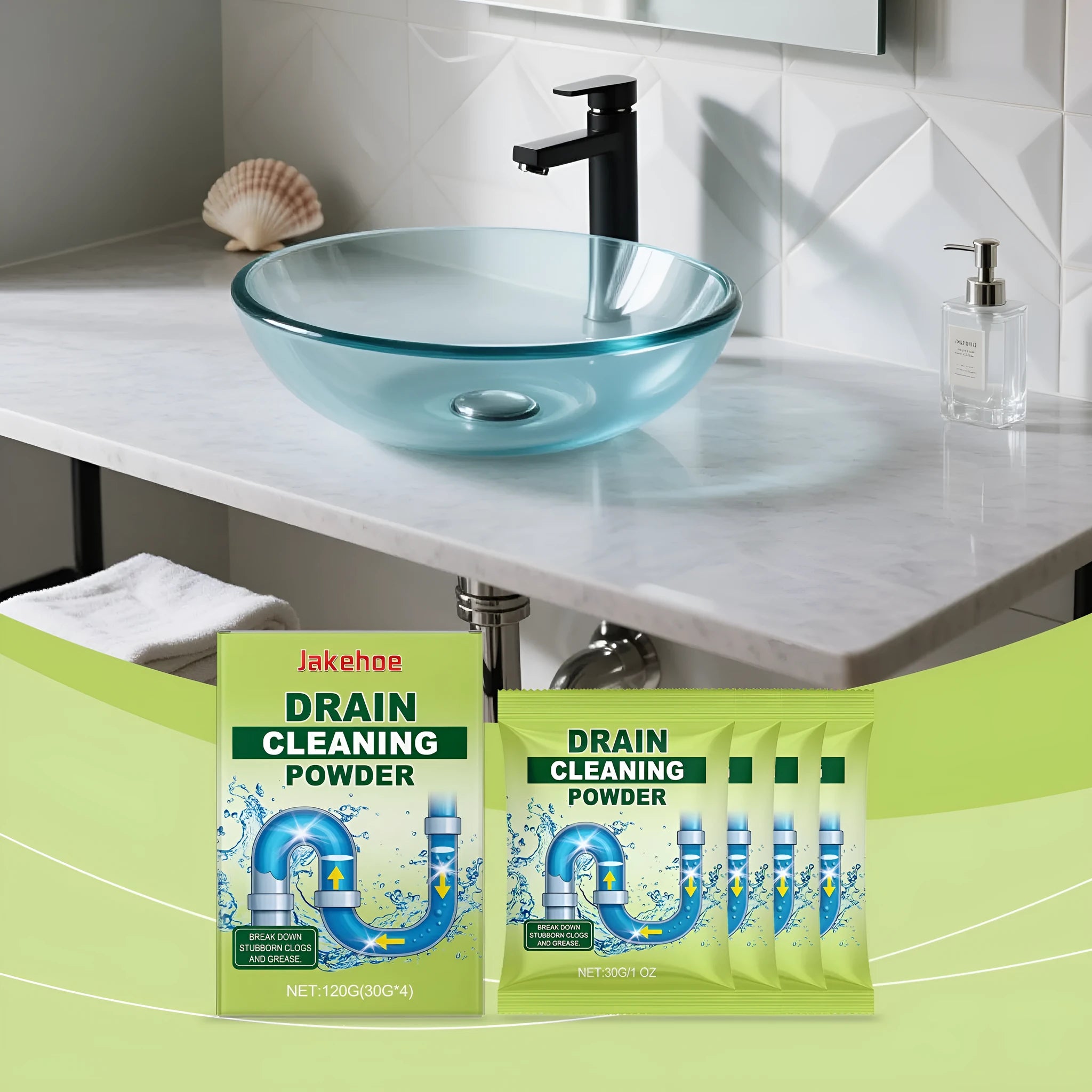 120G packet of drain cleaning powder for sinks, basins, showers and bathtubs