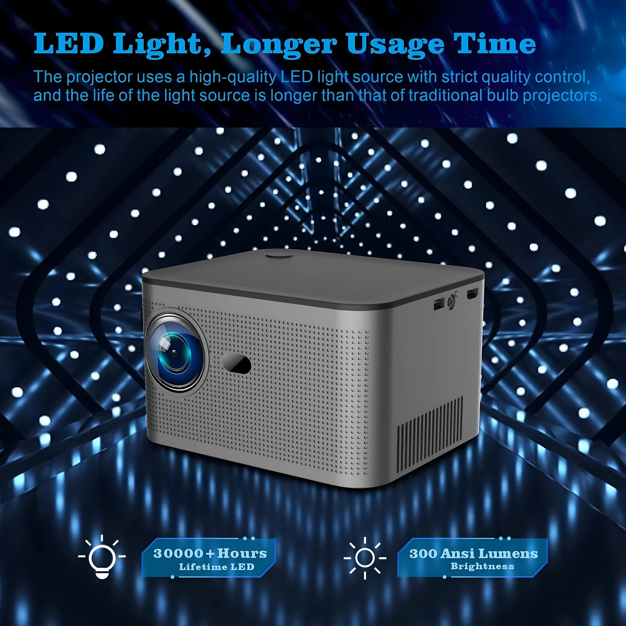 White HY350 mini portable projector with EU plug on a table