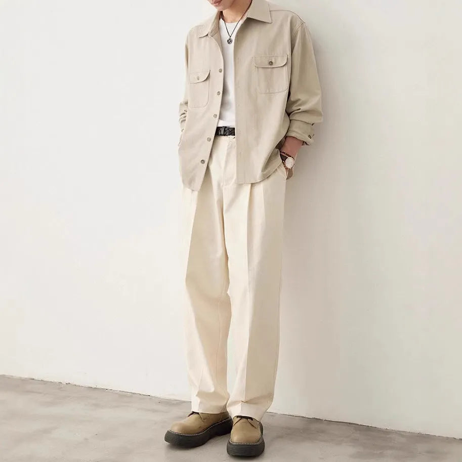 Men's casual shirt with cotton fabric lapels in Light Sand Rice colour, showing long sleeves and simple profile.