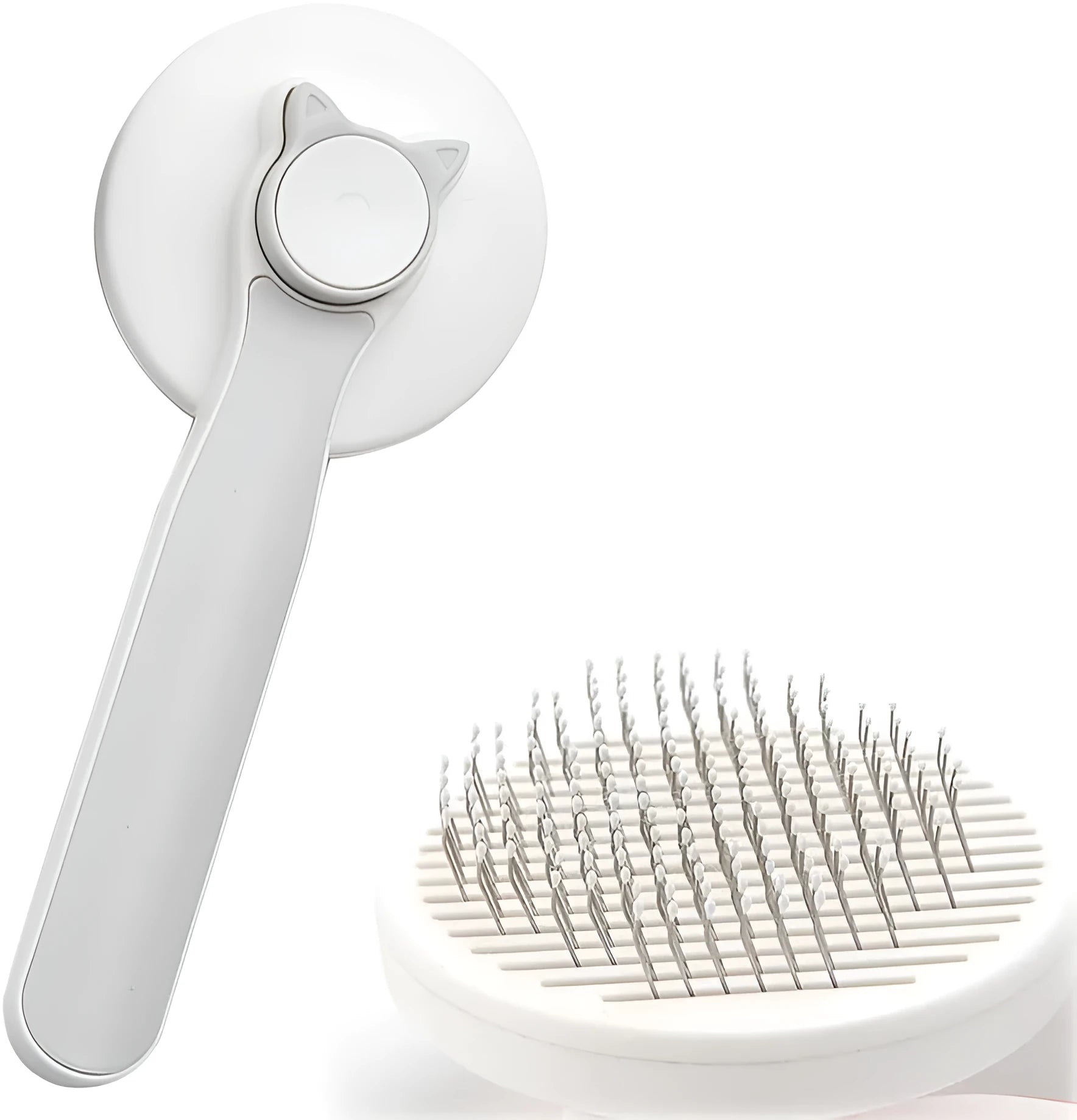 Blue self-cleaning pet grooming brush with rubber handle and metal pins with rubber tips.