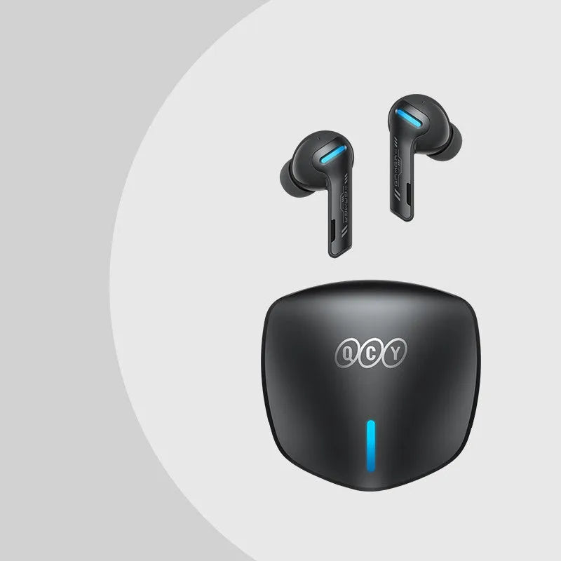 QCY-G1 in ear Bluetooth headset with charging case, blue and grey colours, low-latency gaming earbuds