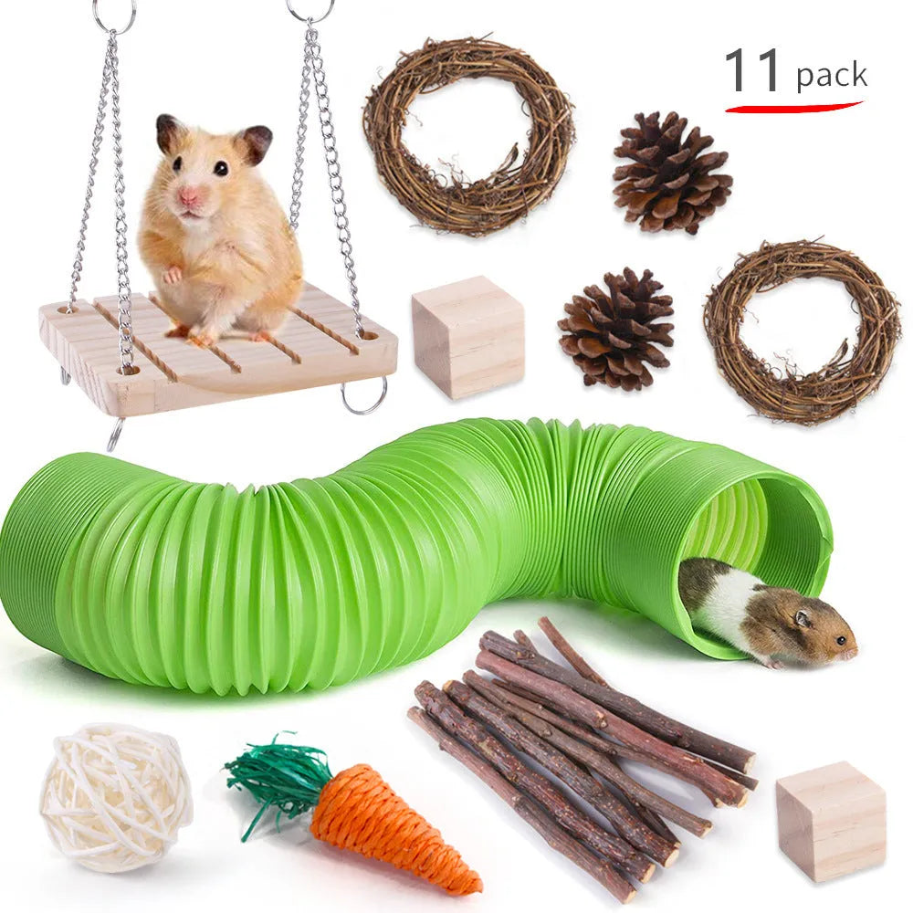 Assortment of natural wooden and woven chew toys for small pets like rabbits and parrots.