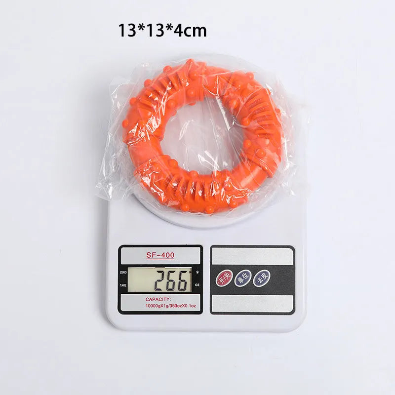 Lightweight hollow dog fetching stick toy in blue, orange, or red, showing bendy plastic construction for safe chewing and fetch games.