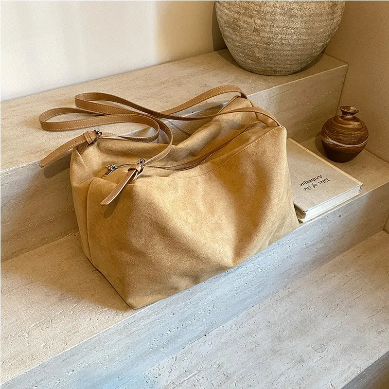 Women's large capacity suede pillow shoulder bag available in black, brown, coffee, khaki colours