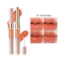 Double-headed lipstick and lip gloss cosmetic product showing matte and glossy ends