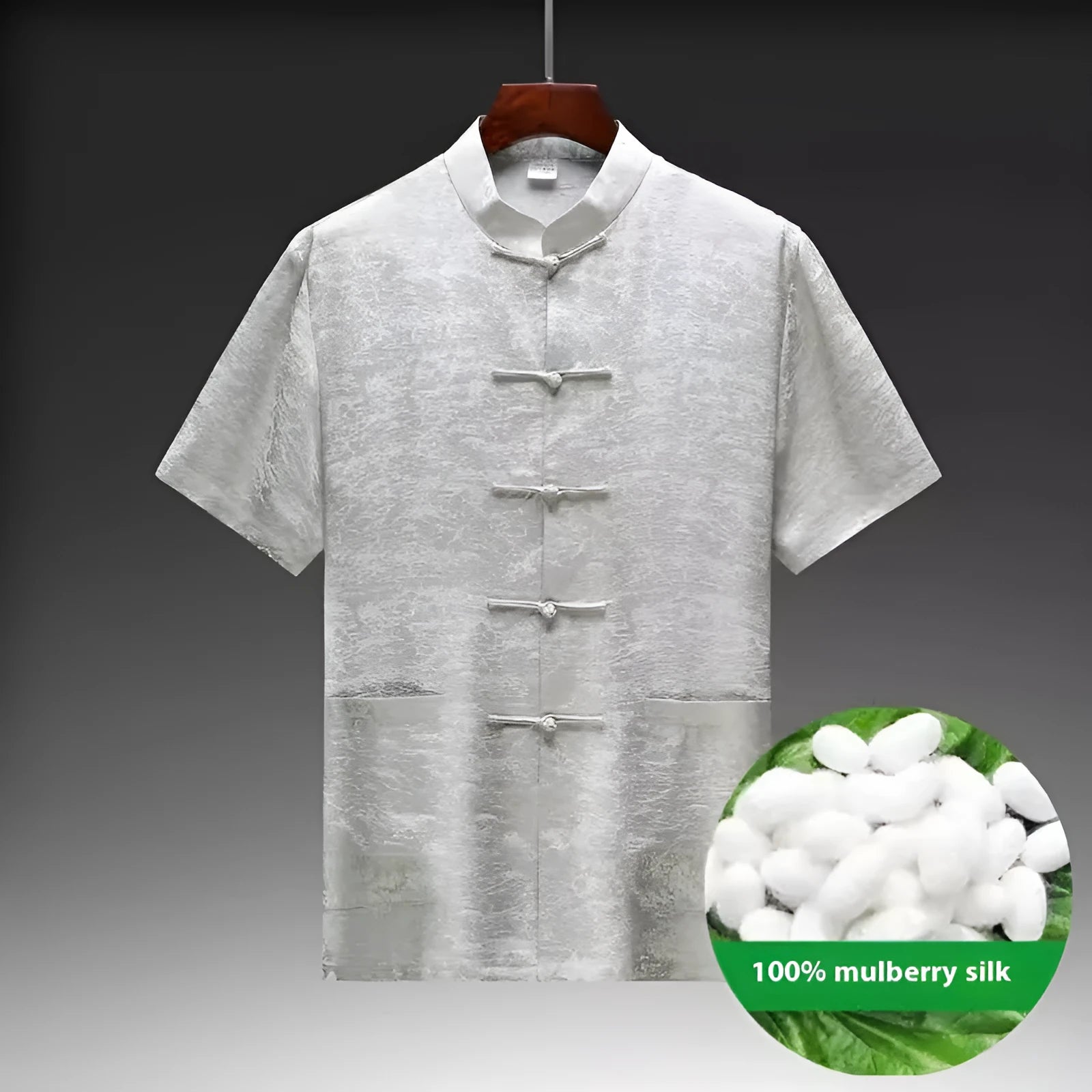 Men's Chinese style Tang suit in mulberry silk satin showing traditional design with available colour variations
