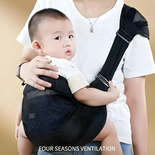 Cloth baby carrier waist stool for toddlers, shown in grey, black, green, and pink colour options.