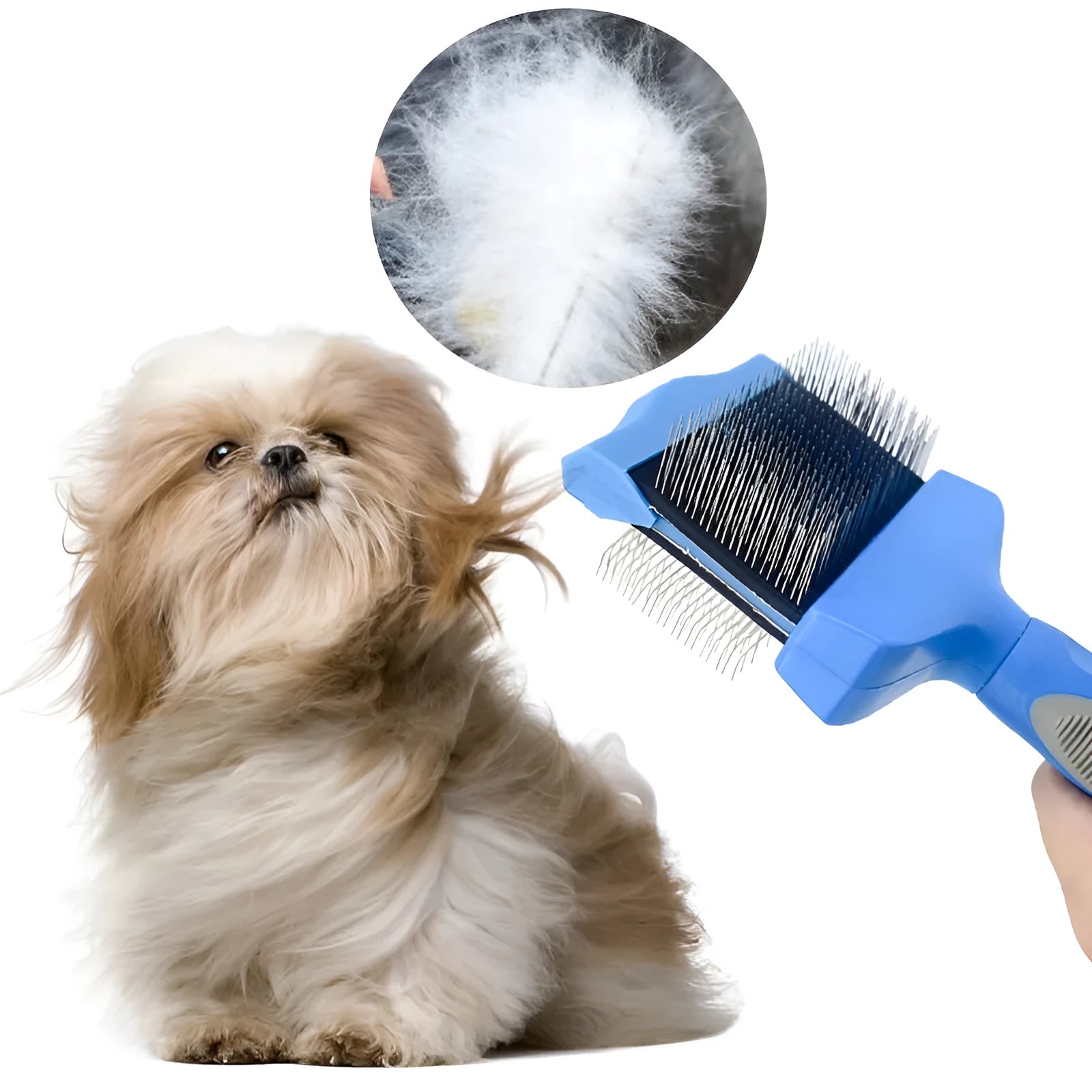 Double-sided pet brush with stainless steel pins and ABS plastic handle in blue or pink colour options