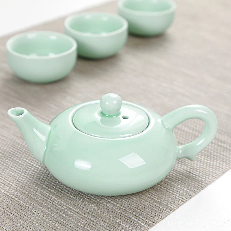 Ceramic celadon portable tea set with teapot and six cups in modern simple style