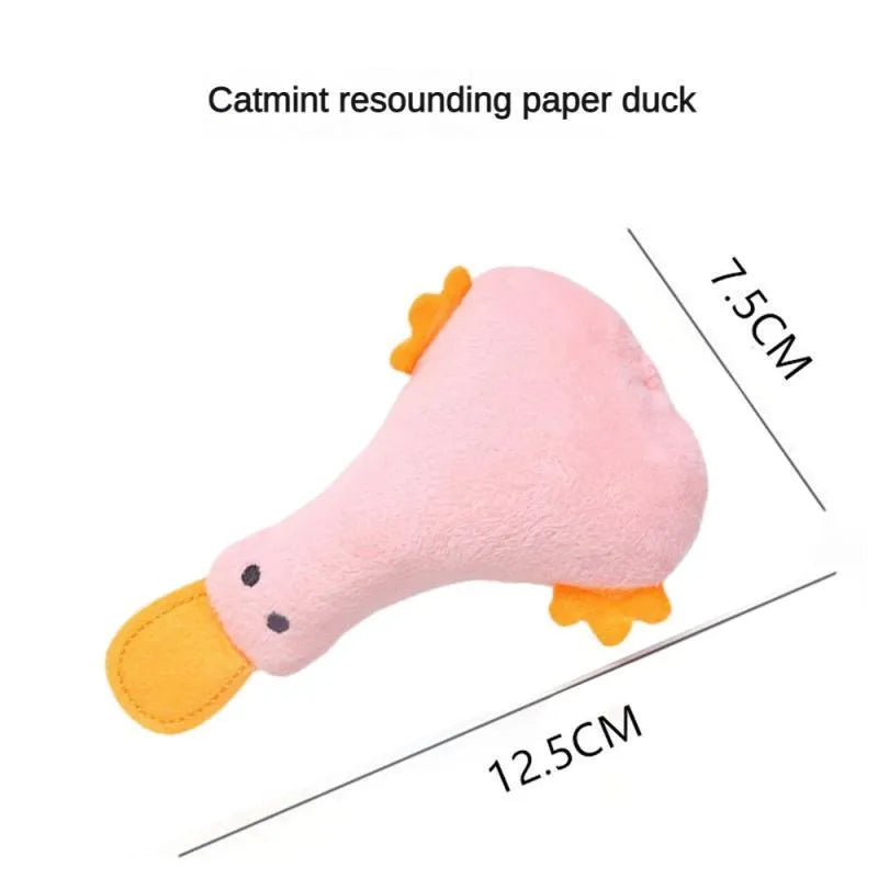 Colourful duck-shaped plush pet toy with catnip filling and squeaker sound for cats and dogs