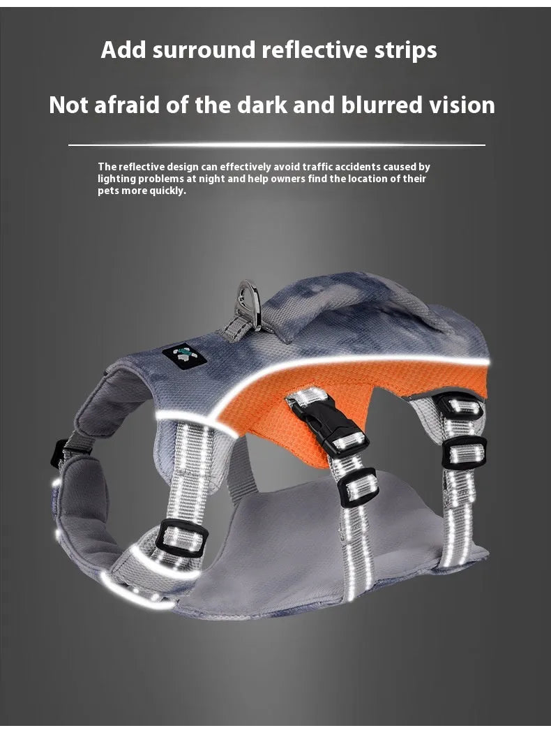 Reflective dog chest strap with LED strips in light blue, shown with adjustable fastenings.