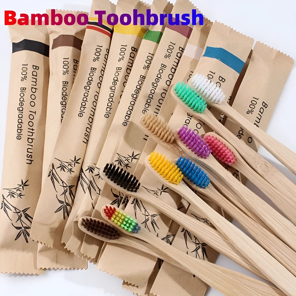 Set of 10 bamboo toothbrushes in six colours with soft charcoal bristles