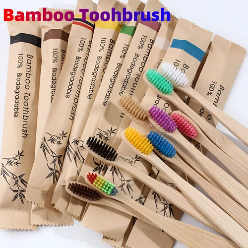 Set of 10 bamboo toothbrushes in six colours with soft charcoal bristles