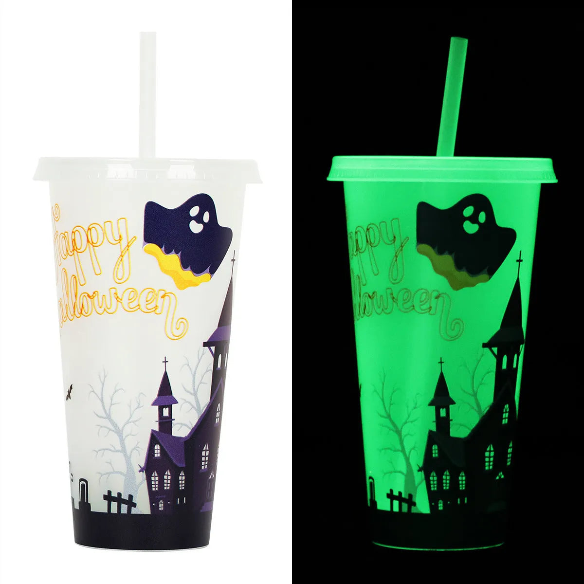 A 720ml cylindrical plastic cup with a luminous straw, shown in various colours for Halloween.