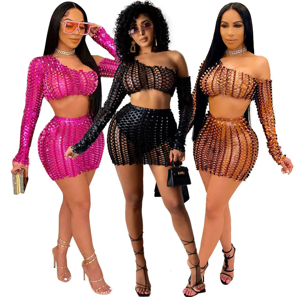 Women's black net hole hollow-out two-piece dress set with sleeveless top and short skirt